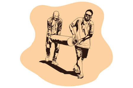 two people are buying cylinders and carrying them; Citizens are forced to buy oxygen cylinder from black market huge scarcity of oxygen in Covid 2021のイラスト素材