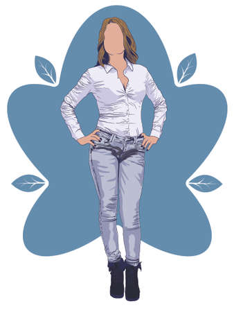 Young lady wearing white shirt and jeans standing as hands on waist cartoon artのイラスト素材