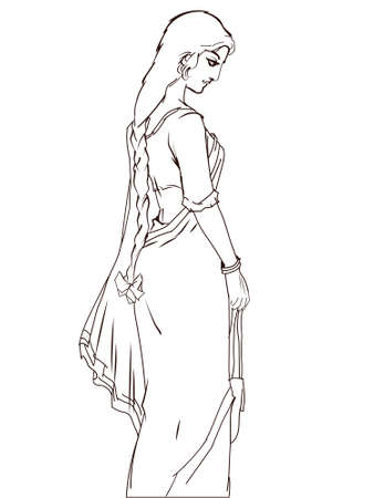 Beautiful young Indian lady wearing red saree and blouse going for shopping cartoon artのイラスト素材