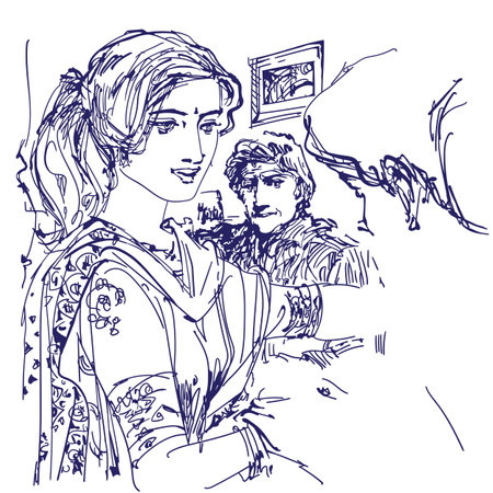 Mom and Dad are loading something on their young daughter line artのイラスト素材