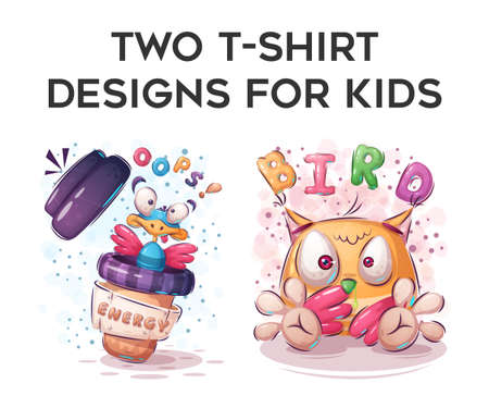 Cute animals, cars, toys and emotions text T-shirt design set for toddlers and teenagers vector illustrationのイラスト素材
