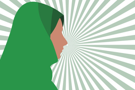 Asian, Arabian, Iranian, Islamic Muslim woman wearing hijab keeping silence side face abstract vector cartoon illustration.のイラスト素材