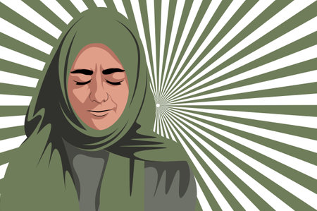 Asian, Arabian, Iranian, Islamic Muslim woman wearing hijab closed eyes feeling pain silently protesting front face abstract vector cartoon illustrationのイラスト素材