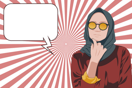Iranian Muslim woman in hijab and glasses with her hand on her chin and a speech bubble and sunburst backgroundのイラスト素材