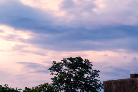 Orange, yellow, pink, purple, blue colors play on the cloudy city sky at sunsetの写真素材