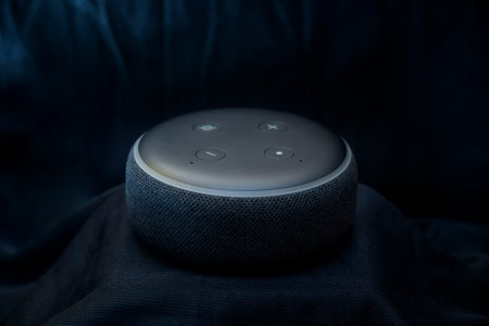 Bankura, West Bengal, India - September 24, 2022: Amazon Echo Dot third Generation with Built-in Alexa Smart Wi-Fi Speaker Black with black cloth background studio photographyのeditorial素材