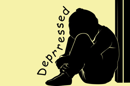 Depressed little boy sits alone with his back against the wall greatest threat for childhood in modern societyのイラスト素材