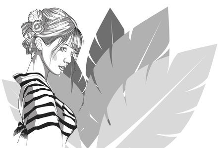 Solitary beautiful young woman standing in garden black and white vector portrait illustrationのイラスト素材