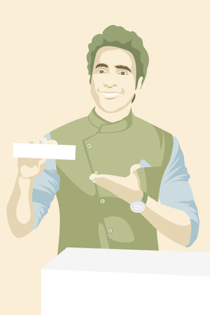 Corporate business illustration of a young male holding a consumer product in hand and doing an advertisement vector artのイラスト素材