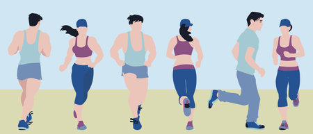 Health and Fitness illustration of young men and women are jogging on an open field hand drawn vector artのイラスト素材