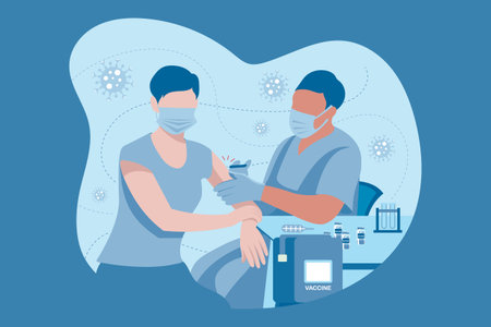 Successful corona vaccination in India, woman with short hair and face mask taking corona vaccine from a male nurse in vaccination centre flat vector illustrationのイラスト素材