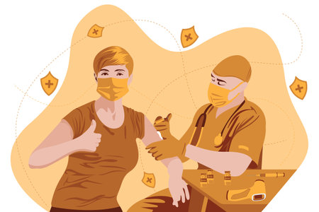 Young woman with short hair and face mask applying vaccine by male nurse and showing thumbs up sign flat vector illustrationのイラスト素材