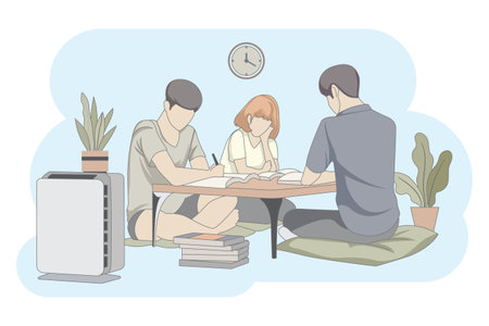 Two boys and a girl sitting on floor and group studying hand drawn modern graphic design flat vector illustrationのイラスト素材