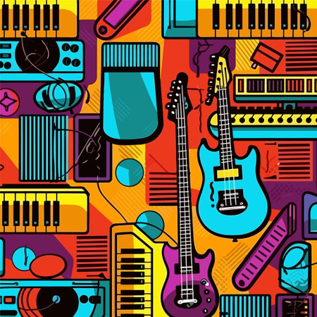 Create a vibrant musical atmosphere with this seamless pop art vector pattern. Featuring electric guitars, speakers, and microphones for a lively designのイラスト素材