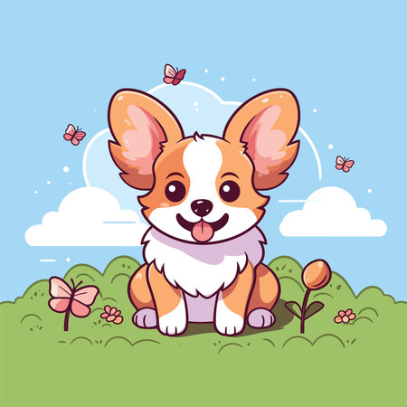Discover the delightful world of a hand-drawn vector illustration, showcasing a cute puppy enjoying its time in a garden.のイラスト素材
