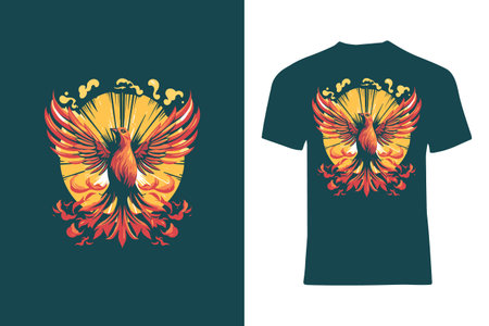 Embrace the mesmerizing allure of a fiery bird with outstretched wings, symbolizing power and grace in this captivating T-shirt designのイラスト素材