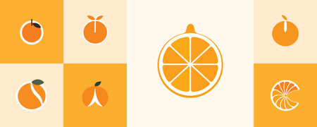 clean and modern flat geometric design featuring an orange in both whole and sliced forms, with and without a leafのイラスト素材