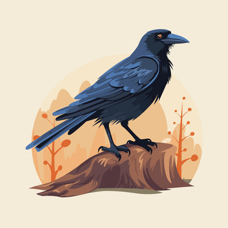 a crow in its natural habitat with this captivating hand-drawn vector illustration set in the jungleのイラスト素材