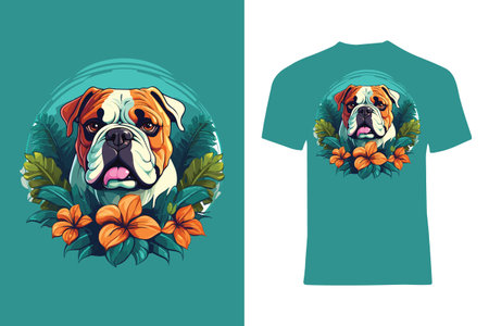 Add a splash of color to your wardrobe with this lively bulldog illustration, set amidst a tropical foliage background, ideal for fashionable t-shirts.のイラスト素材