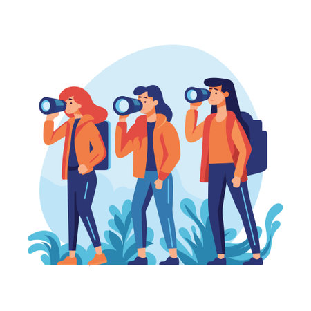 Discover a world of exploration as these lively girls with binoculars come to life in this captivating hand-drawn flat vector art illustration.のイラスト素材