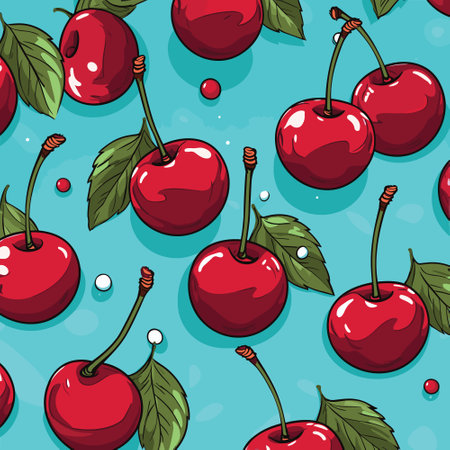 Discover the abundance of fruitful red cherries with leaves casting shadows on a vibrant blue background in this captivating modern vector pattern.のイラスト素材