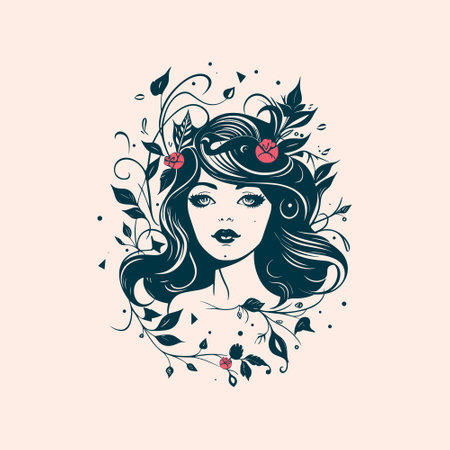 Infuse charm and natural beauty into your women's fashion clothing brand with this vector design featuring a woman headshot complemented by curly hair, flowers, and leaves.のイラスト素材