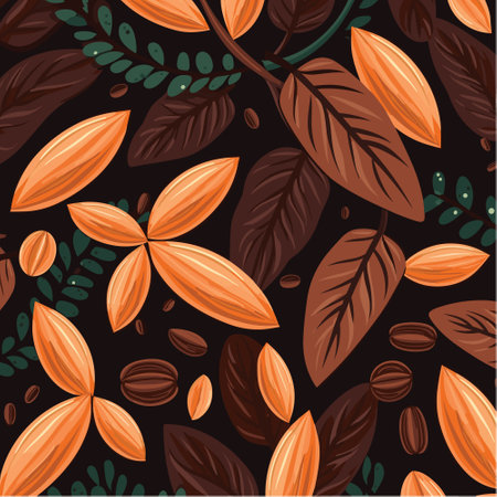 Embrace the richness of whole coco grain and leaves in this modern vector pattern, ideal for a chic and captivating visual style.のイラスト素材