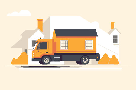 Embrace the dynamic cityscape with this captivating flat style vector illustration, depicting a freight truck on a city street bordered by impressive skyscrapers and city apartmentsのイラスト素材
