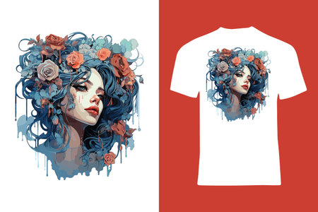 beautiful woman with floral decoration in hair t shirt design vector style illustrationのイラスト素材