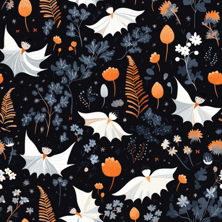 vector pattern on a black backdrop, featuring charming elements like ghosts, plants, and flowers, creating an enchanting visual tapestry.のイラスト素材