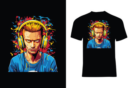 Abstract cartoon vector style t-shirt design with male head with headphones and strange facial expressionのイラスト素材