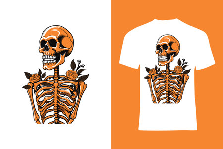 Unleash your creativity with this vector t-shirt design featuring an orange skeleton torso adorned with charming flowers on the shoulder. A distinctive choice for fashion-forward individuals.のイラスト素材