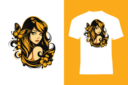 This comic-style vector t-shirt design showcases a delightful young girl with curly hair and an enchanting butterfly, creating a sweet and captivating illustration.のイラスト素材