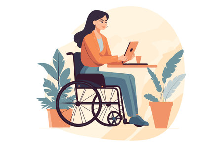 This conceptual vector art celebrates self-confidence as a young woman in a wheelchair fearlessly works on her computer. Symbolizing strength and determination.のイラスト素材