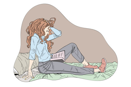 A detailed vector illustration of a young woman sitting on a bed, feeling exhausted after reading for a long time. She has long red hair, casual clothing, and a book on her lap. The artwork captures a moment of fatigue and contemplation, ideal for concepts related to study burnout, student life, mental exhaustion, reading fatigue, or emotional reflection.のイラスト素材