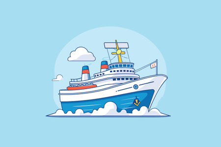 An attractive vector illustration of a cruise ship navigating calm waters under a clear blue sky. The image showcases the ship's lively colors and streamlined design, evoking thoughts of marine travel and vacations.のイラスト素材