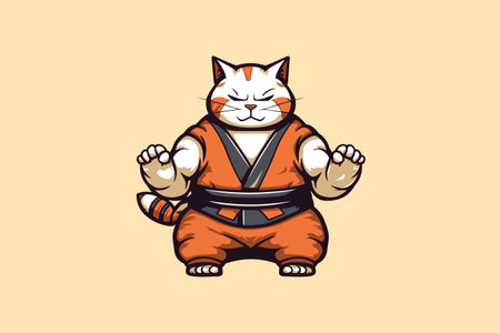 Illustration of a charming cat dressed in karate attire, striking an iconic pose. Ideal for concepts related to martial arts, animation, and fun animal characters in creative and entertaining contexts.のイラスト素材