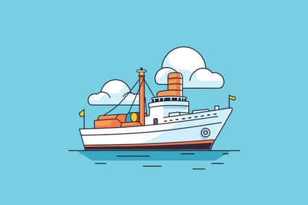 An attractive vector illustration of a cruise ship navigating calm waters under a clear blue sky. The image showcases the ship's lively colors and streamlined design, evoking thoughts of marine travel and vacations.のイラスト素材