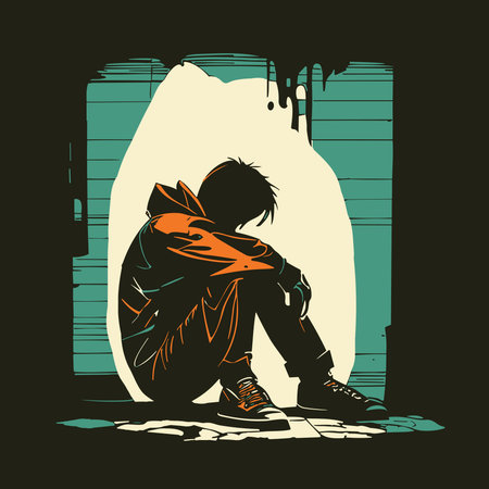 Illustrated silhouette of a solitary individual seated against a dark background, evoking feelings of reflection and introspection in a melancholic, expressive composition.のイラスト素材