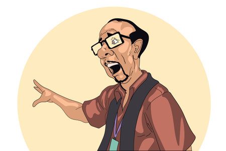 Digital cartoon illustration of a surprised man in glasses gesturing energetically against a circular background. The artwork emphasizes emotion and expression through its stylized and dynamic depiction.のイラスト素材