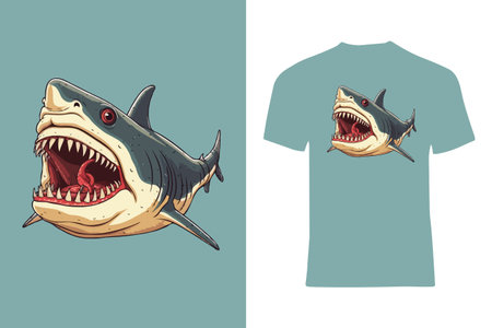 An artistic illustration of a ferocious shark depicted on a comfortable cotton t-shirt, showcasing bold colors and dynamic details ideal for ocean-themed apparel or creative fashion trends.のイラスト素材