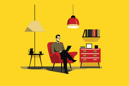 Illustration depicting a stylish workspace with minimalistic furniture and decor in vibrant colors. Perfect for concepts of productivity, modern work environment, and creative indoor spaces.のイラスト素材