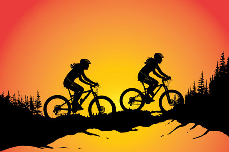 Silhouettes of two mountain bikers riding on a trail at sunset amidst scenic natural surroundings, conveying adventure, fitness, and outdoor exploration.のイラスト素材