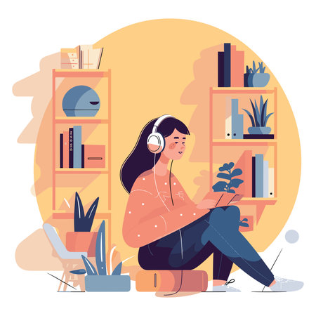 A serene depiction of a woman enjoying music with headphones in a comfortably furnished setting surrounded by books and plants. Ideal for concepts like relaxation, leisure, and home lifestyle.のイラスト素材