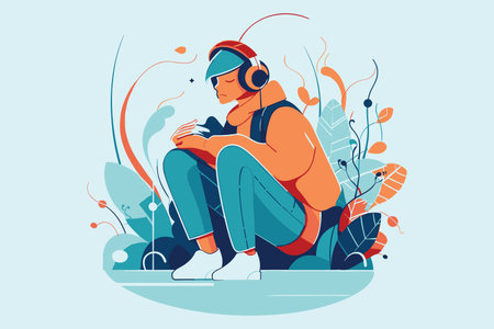 Vibrant and modern illustration of a person engrossed in music, sitting surrounded by decorative plants. The design features a warm color palette and evokes feelings of relaxation, focus, and creativity.のイラスト素材