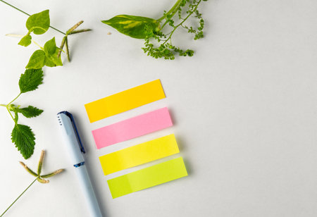Vibrant sticky notes in pink, yellow, and green tones placed next to a pen and surrounded by fresh...