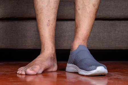 Close-up of a person's legs, one wearing a grey shoe and the other bare, standing on a wooden floor indoors, showcasing footwear and skin details in a casual environment.の写真素材