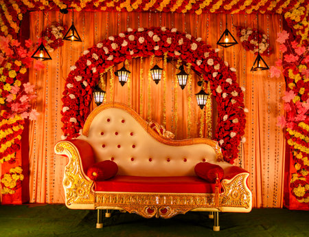 A captivating display of intricate wedding stage design featuring vibrant flowers, a beautifully ornate couch, and warm lighting, setting a perfect atmosphere for special occasions or celebrations.の写真素材