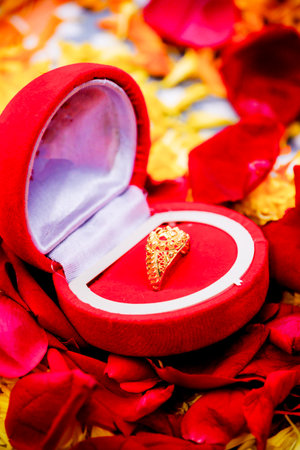 An elegant golden ring displayed in a plush red jewelry box, surrounded by vibrant red rose petals,...