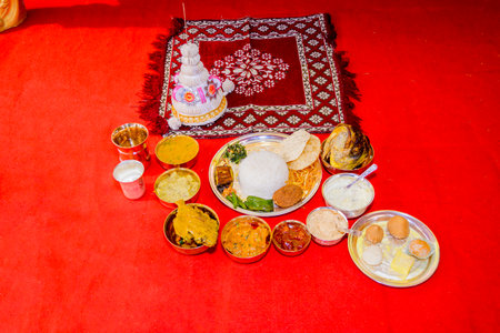 Authentic Indian dishes served on a decorative tray showcasing rich culture and flavors, complemented with traditional accompaniments on a festive background.の写真素材